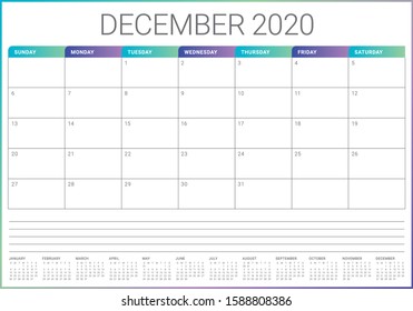 December 2020 desk calendar vector illustration, simple and clean design. 

