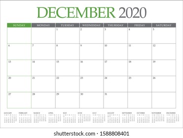 December 2020 desk calendar vector illustration, simple and clean design. 
