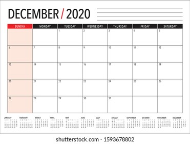 December 2020 desk calendar vector illustration, simple and clean design. 
