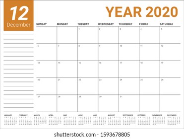 December 2020 desk calendar vector illustration, simple and clean design. 
