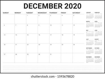 December 2020 desk calendar vector illustration, simple and clean design. 
