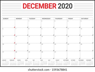 December 2020 desk calendar vector illustration, simple and clean design. 
