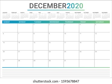 December 2020 desk calendar vector illustration, simple and clean design. 
