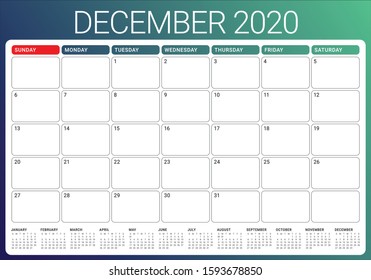 December 2020 desk calendar vector illustration, simple and clean design. 
