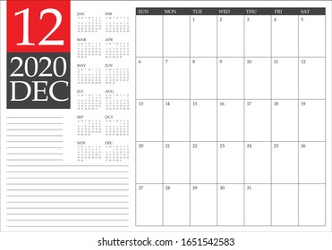 December 2020 desk calendar vector illustration, simple and clean design. 
