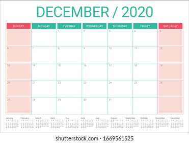 December 2020 desk calendar vector illustration, simple and clean design. 