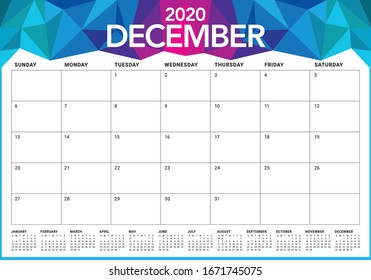December 2020 desk calendar vector illustration, simple and clean design. 