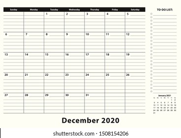 December 2020 Monthly Business Desk Pad Calendar. December 2020 calendar planner with to-do list and place for notes in black and white design.