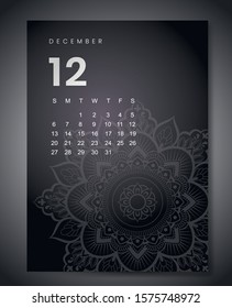 December 2020 monthly calendar with beautiful mandala design. Round pattern ornament for holiday event planner