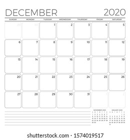 December 2020. Monthly calendar planner template. Minimalist style. Vector illustration. Week starts on Sunday
