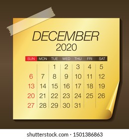 December 2020 monthly calendar vector illustration, simple and clean design. 