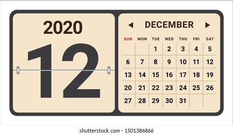 December 2020 monthly calendar vector illustration, simple and clean design. 