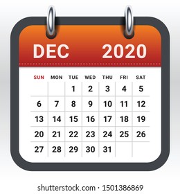 December 2020 monthly calendar vector illustration, simple and clean design. 