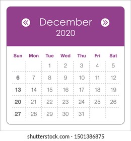 December 2020 monthly calendar vector illustration, simple and clean design. 