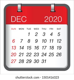 December 2020 Monthly Calendar Vector Illustration, Simple And Clean Design. 