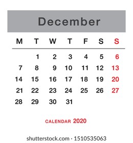 December 2020 planning calendar . Simple December 2020 calendar. Week starts from Monday. Template of calendar for December