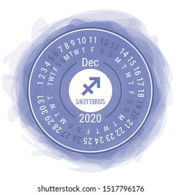 December 2020. Vector English сalendar. Zodiac sign. Sagittarius. Astrological symbol. Zodiacal color vector horoscope. Watercolor kid's sketch doodle style. Hand drawn frame. Round calender. Smoky