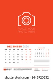 December 2020. Wall calendar planner template. Week starts on Monday. Typographic design template. Vector illustration