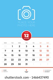 December 2020. Wall calendar planner template for 2020 year. Week starts on Monday. Vector illustration