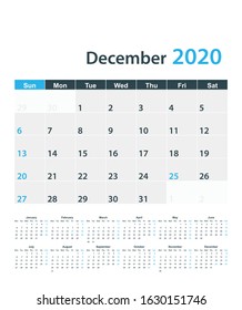 December 2020 wall calendar. Weeks start on Sunday.