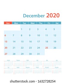 December 2020 wall style calendar. Weeks start on Sunday.