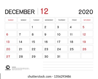 DECEMBER 2020 Year Template, Calendar 2020 Vector, Desk Calendar Design, Week Start On Sunday, Planner, Stationery, Printing, Size : 8 x 6 inch