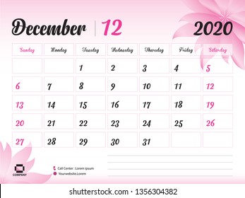 December 2020 Year Template, Calendar 2020 Vector, Desk Calendar Design, pink flower concept for cosmetics, beauty, spa, business; Week Start On Sunday, Planner, Stationery, Printing, 8 x 6 inch size
