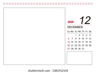 December 2020 Year Template, Calendar 2020 Vector, Desk Calendar Design, Week Start On Sunday, Planner, Stationery, Printing. Vector illustration design. siza: A4 for everyone and printing house.