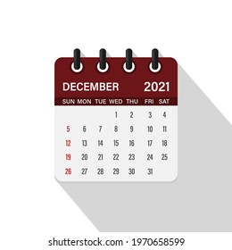 December 2021, calendar icon with shadow. Day, month and Year. Flat vector illustration