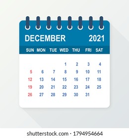 December 2021 Calendar Leaf. Calendar 2021 in flat style. Vector illustration.