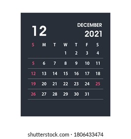 December 2021 Calendar Leaf. Calendar 2021 in flat style. Vector illustration.