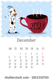 December 2021. Calendar month. Winter concept with snow and cup of coffee.Editable vector template. Vector illustration in a flat style.