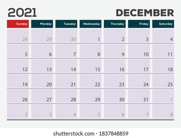 December 2021. Calendar planner design template. Week starts on Sunday	