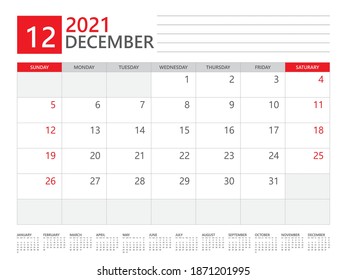 El calendario de diciembre de 2021 planificado para la semana de diseño corporativo de plantilla comienza el domingo. calendario de escritorio diseño 2021, diseño simple y limpio, diseño vectorial de 12 meses de calendario anual