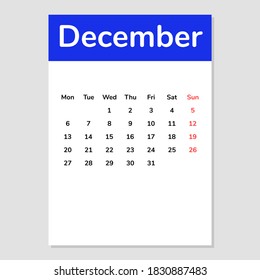 December 2021 calendar sheet. Vector illustration. 