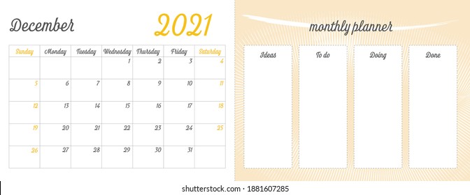 December 2021 Full Monthly Planner: December Calendar on the Left Side, and a Progress To Do List on the Right Side of the Page. Printable Vector Illustration Art.