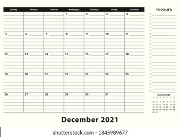 December 2021 Monthly Business Desk Pad Calendar. December 2021 Calendar Planner With To-do List And Place For Notes In Black And White Design.