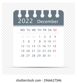 December 2022  Calendar Icon  Extra days - Week Starts On Monday