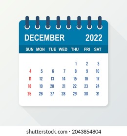 December 2022 Calendar Leaf. Calendar 2022 in flat style. A5 size. Vector illustration.