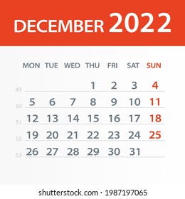December 2022 Calendar Leaf - Vector Illustration. Week starts on Monday