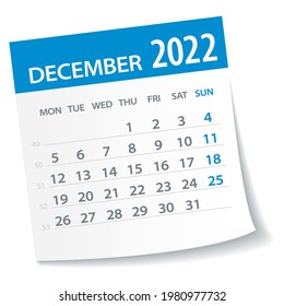 December 2022 Calendar Leaf. Week Starts on Monday. Vector Illustration