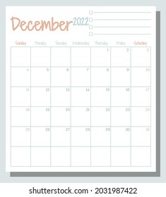 December 2022 calendar month planner with To Do List, week starts on Sunday, template, mock up calendar leaf illustration. Vector graphic page