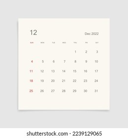 December 2022 calendar page on white background. Calendar background for reminder, business planning, appointment meeting and event. Week starts from Sunday. Vector illustration.