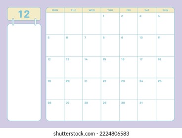 December 2022 calendar template design illustration in colorful and cute style. Notes, scheduler, diary, calendar, memo, planner document template background. 