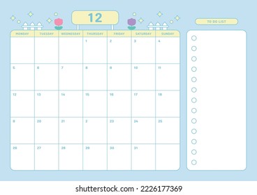 December 2022 calendar template design illustration in colorful and cute style. Notes, scheduler, diary, calendar, memo, planner document template background. 