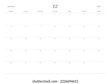 December 2022 calendar template design illustration is simple style. Memo, scheduler, diary, calendar, memo, planner document template background.