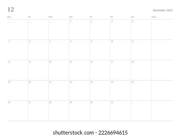 December 2022 calendar template design illustration is simple style. Memo, scheduler, diary, calendar, memo, planner document template background.