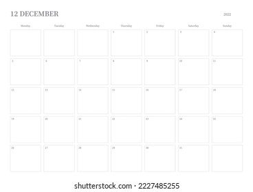 December 2022 calendar template design illustration is simple style. Memo, scheduler, diary, calendar, memo, planner document template background.