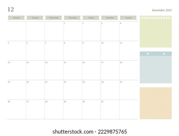 December 2022 calendar template design illustration is simple style. Memo, scheduler, diary, calendar, memo, planner document template background.
