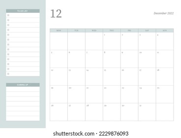 December 2022 calendar template design illustration is simple style. Memo, scheduler, diary, calendar, memo, planner document template background.